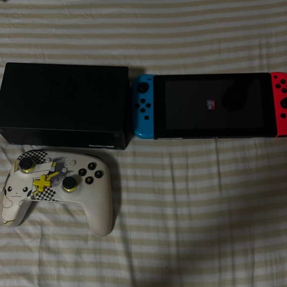 Nintendo Switch Console with Neon Blue and Red Joy-Con and Custom Controller